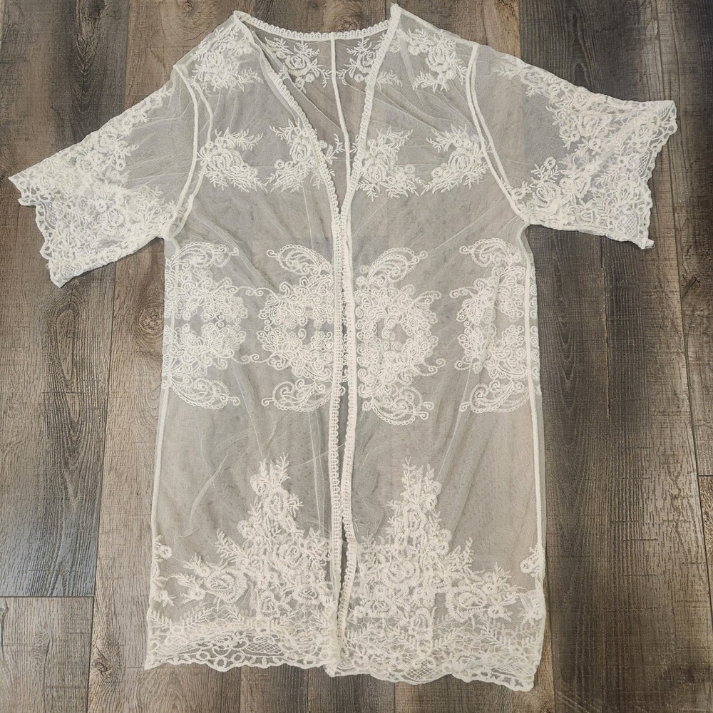 Unbranded Floral Lace Kimono Women White Boho Sheer Duster Medium